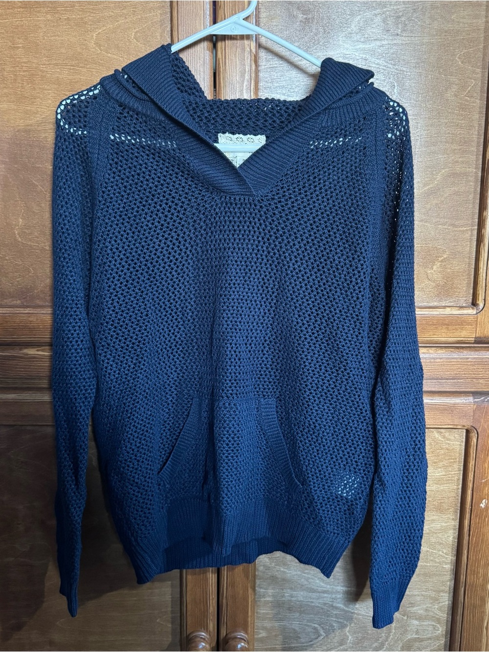 Navy Open-Knit Hoodie Sweater